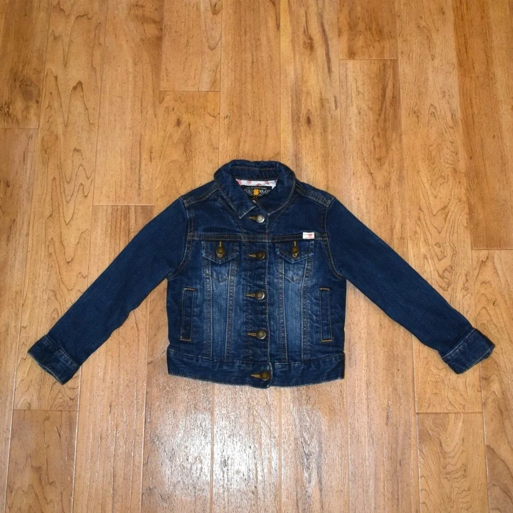 Lucky Brand Denim Trucker Jacket Kids 3T Dark Blue Excellent Clover Print Lining